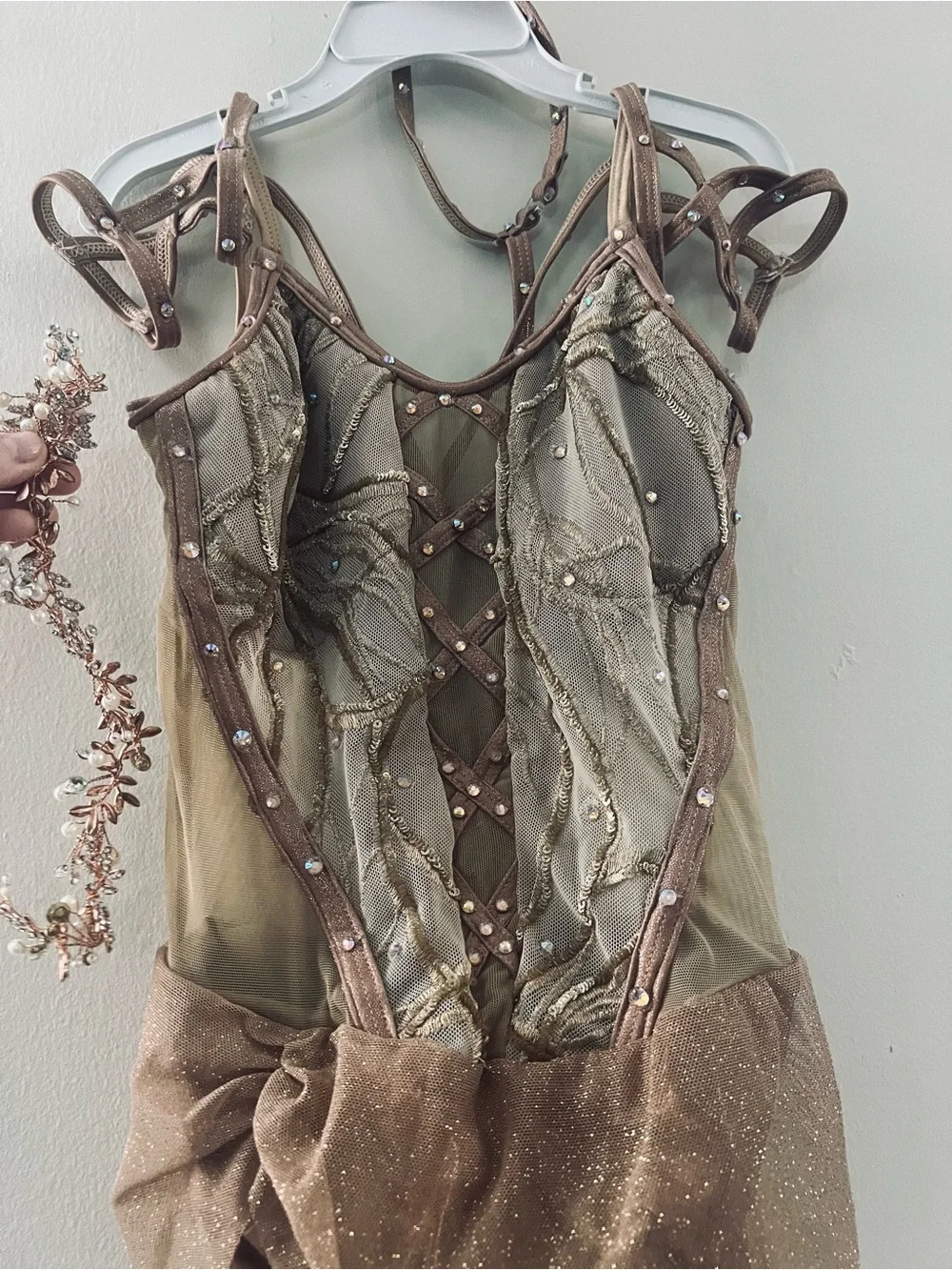 Gold-Tone Embellished Sheer handmade dance costume - child L - & headpiece